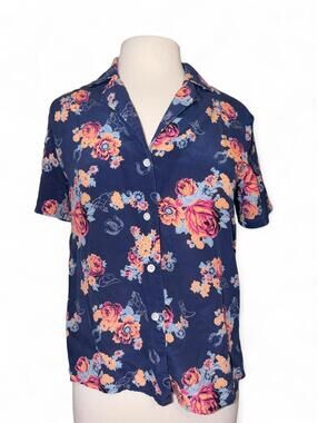 ModCloth 100% Silk Western Floral Short Sleeve Button Down Camp Shirt size large